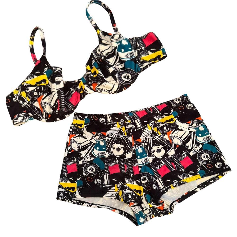 Harley Davidson Y2K Allover Print Underwire Bra Hot Pants Lingerie Set XL